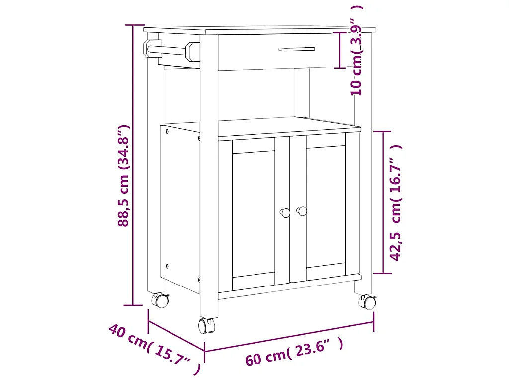 Keukentrolley MONZA 60x40x88,5 cm massief grenenhout