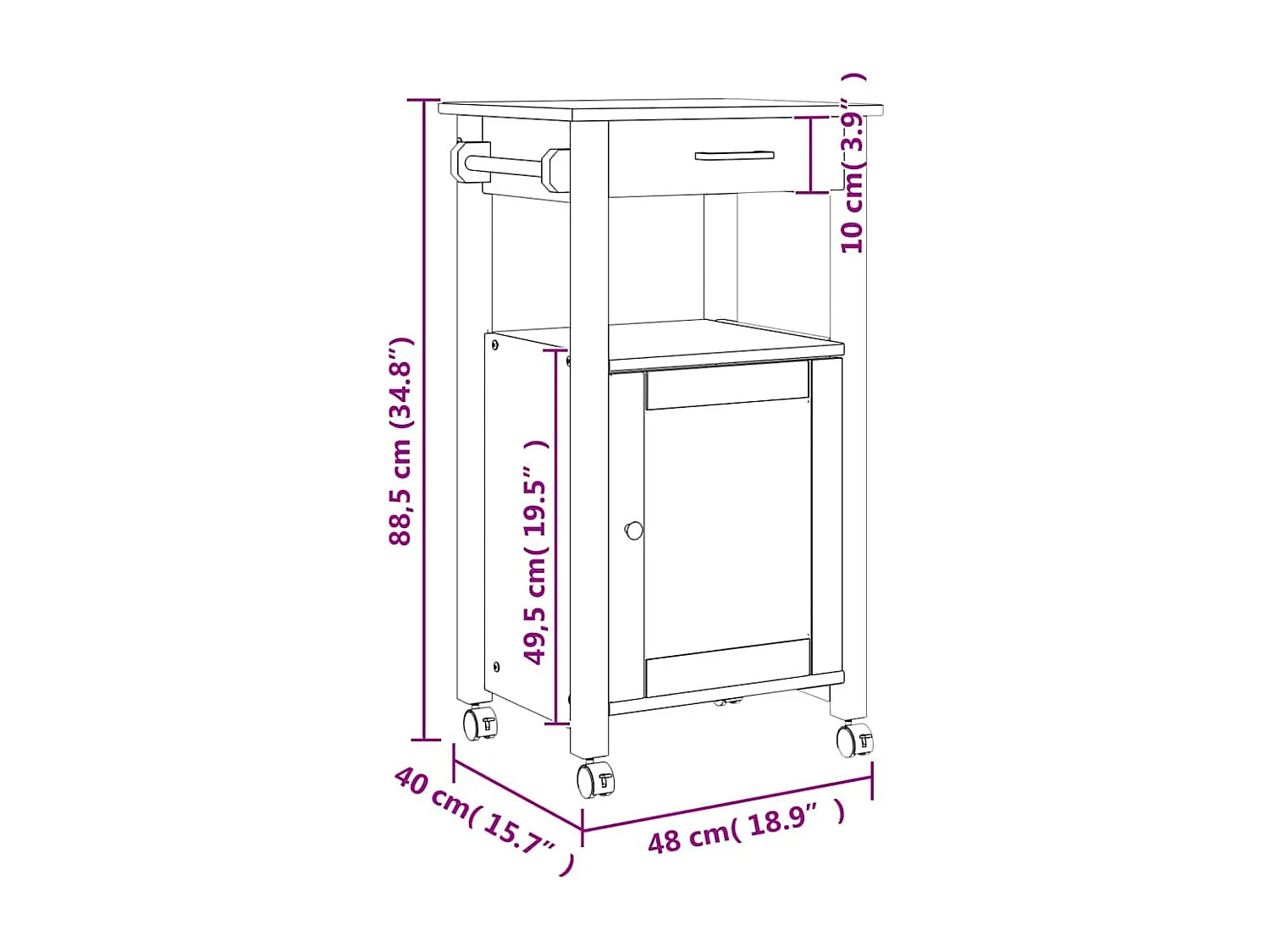 Carrello da Cucina MONZA 48x40x88,5 cm in Legno Massello di Pino