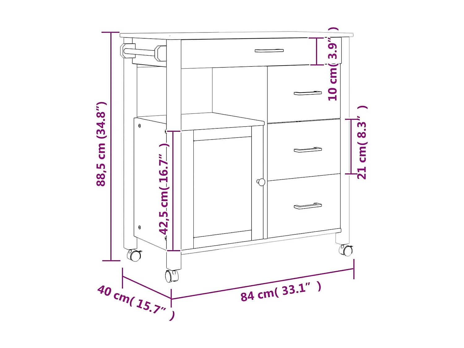 Chariot de cuisine MONZA 84x40x88,5 cm bois massif de pin