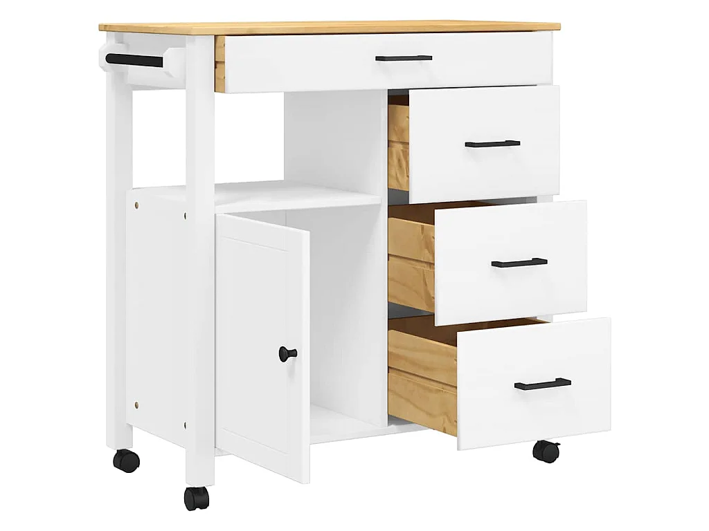 Chariot de cuisine MONZA 84x40x88,5 cm blanc bois massif de pin