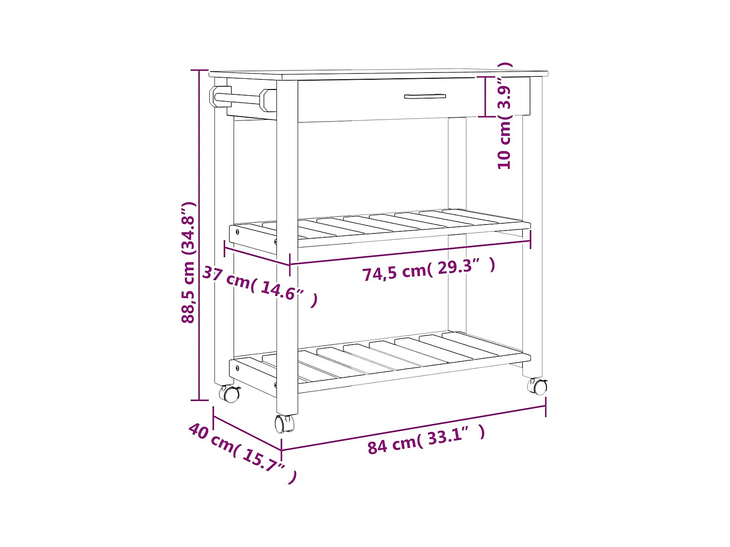 Chariot de cuisine MONZA 84x40x88,5 cm bois massif de pin