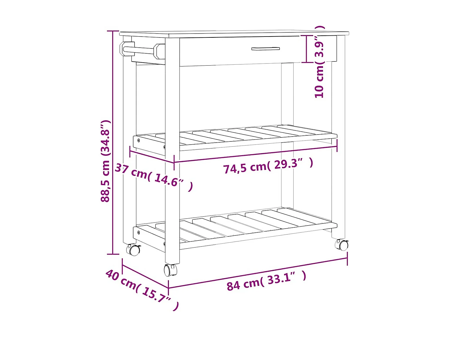 Chariot de cuisine MONZA 84x40x88,5 cm bois massif de pin
