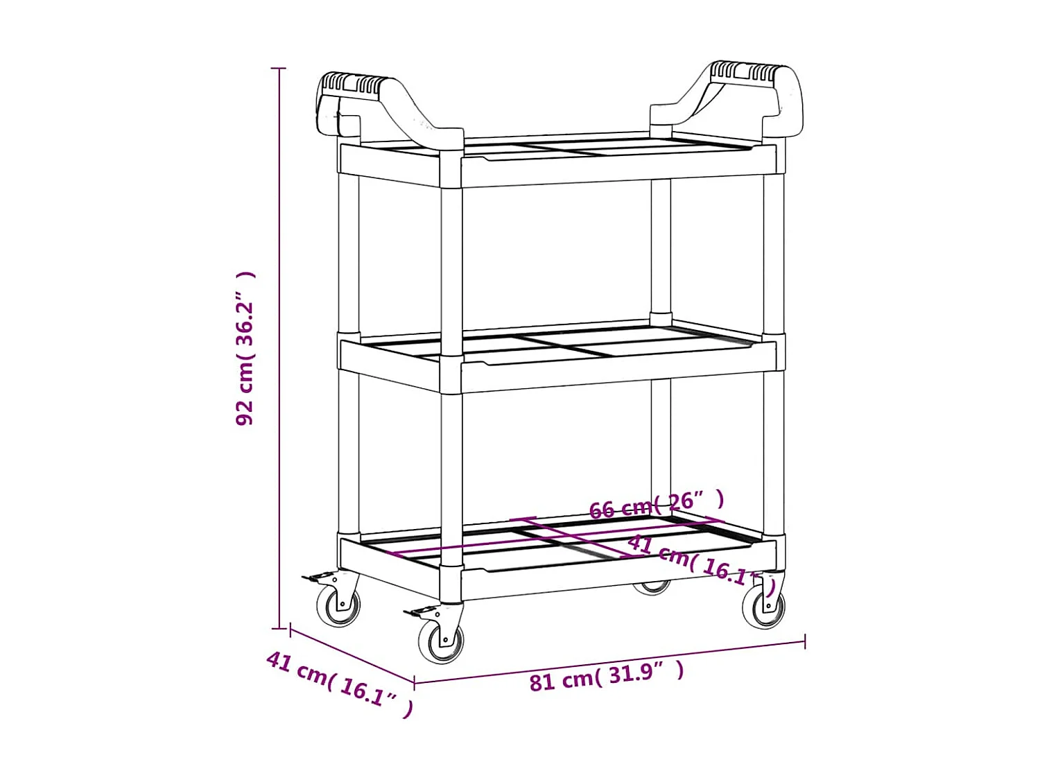 Chariot à 3 niveaux noir 81x41x92 cm aluminium