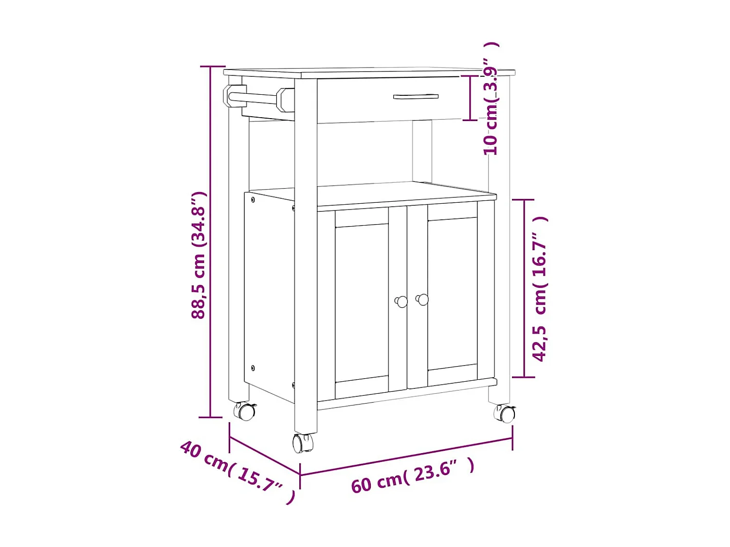 Chariot de cuisine MONZA 60x40x88,5 cm bois massif de pin