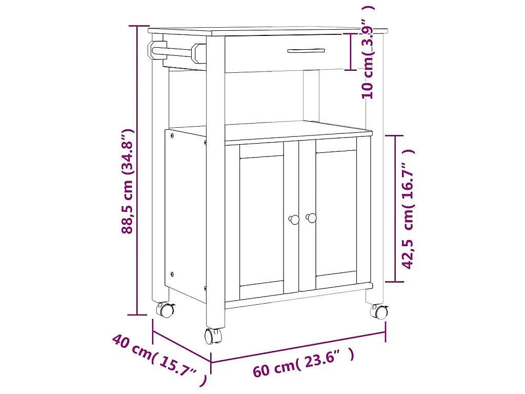 Chariot de cuisine MONZA 60x40x88,5 cm bois massif de pin