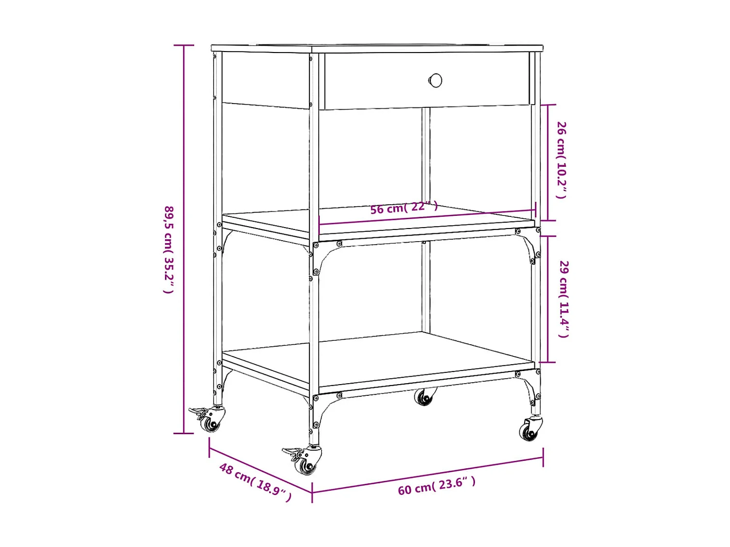Chariot de cuisine chêne fumé 60x48x89,5 cm bois d'ingénierie