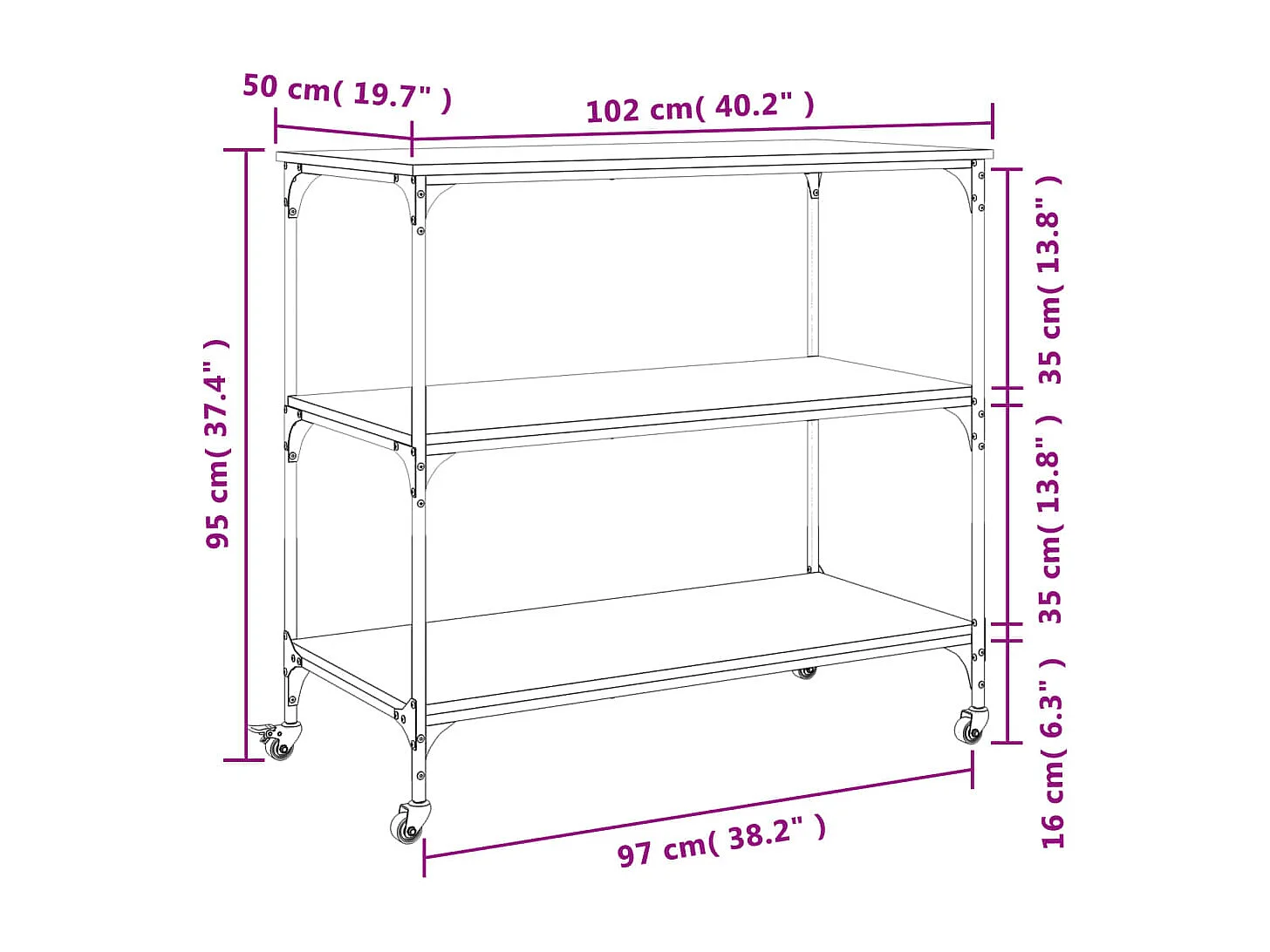 Chariot de cuisine chêne fumé 102x50x95 cm bois d'ingénierie