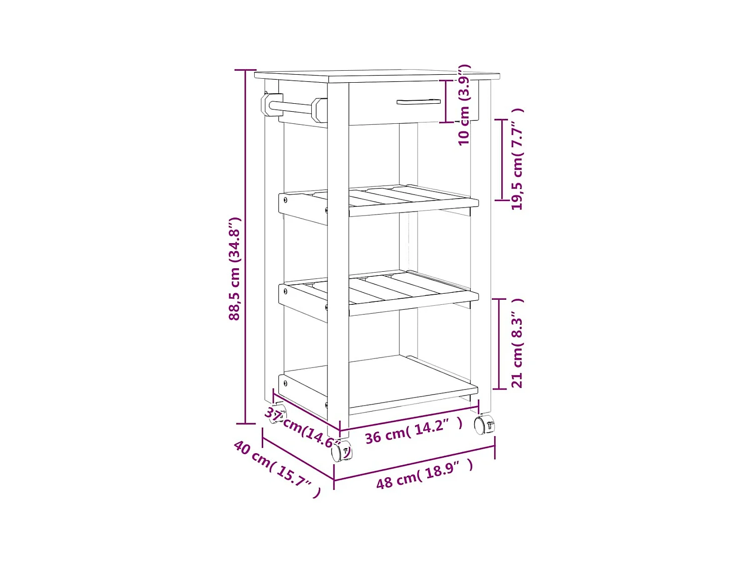 Chariot de cuisine MONZA 48x40x88,5 cm bois massif de pin