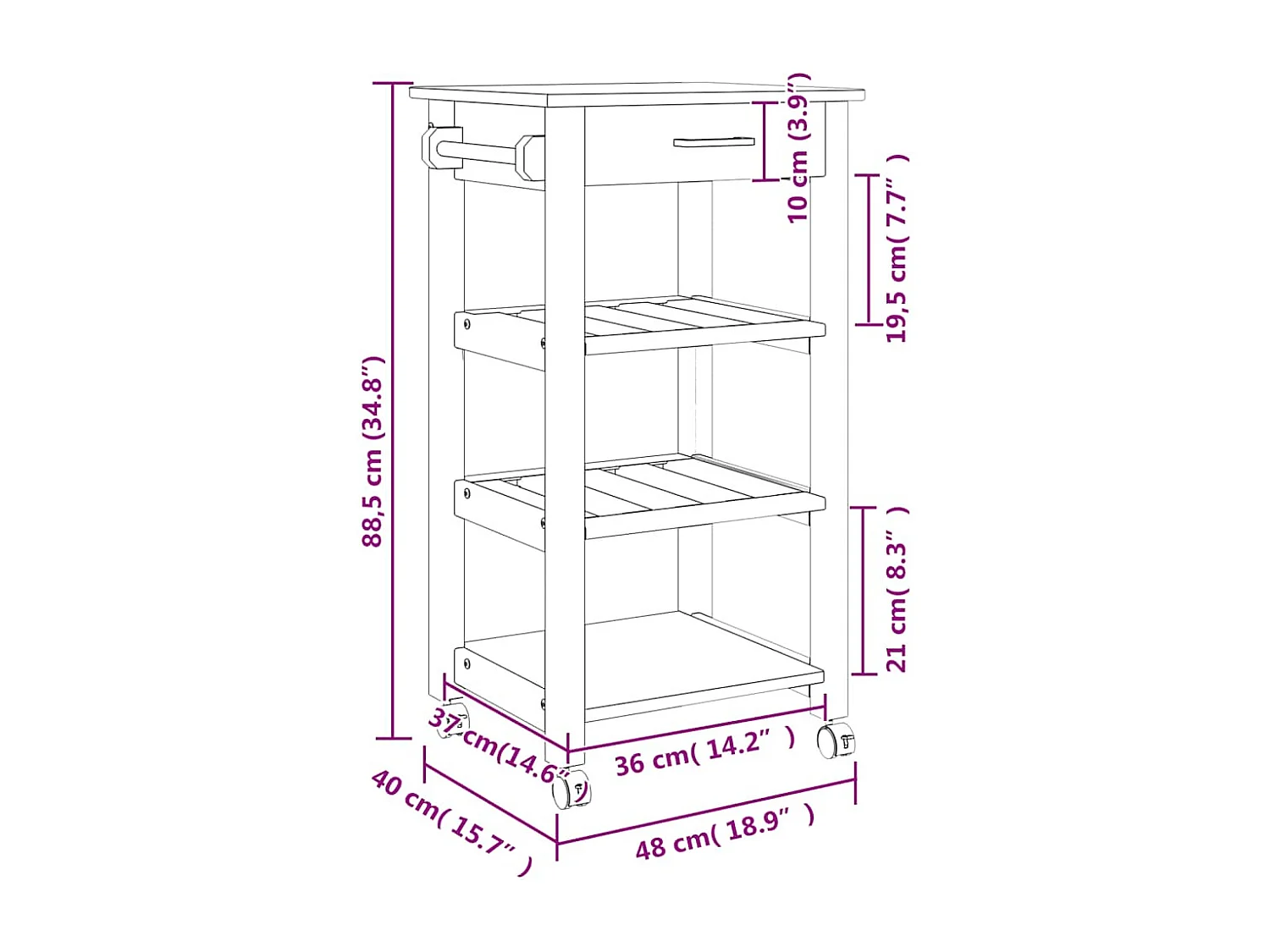 Chariot de cuisine MONZA 48x40x88,5 cm bois massif de pin