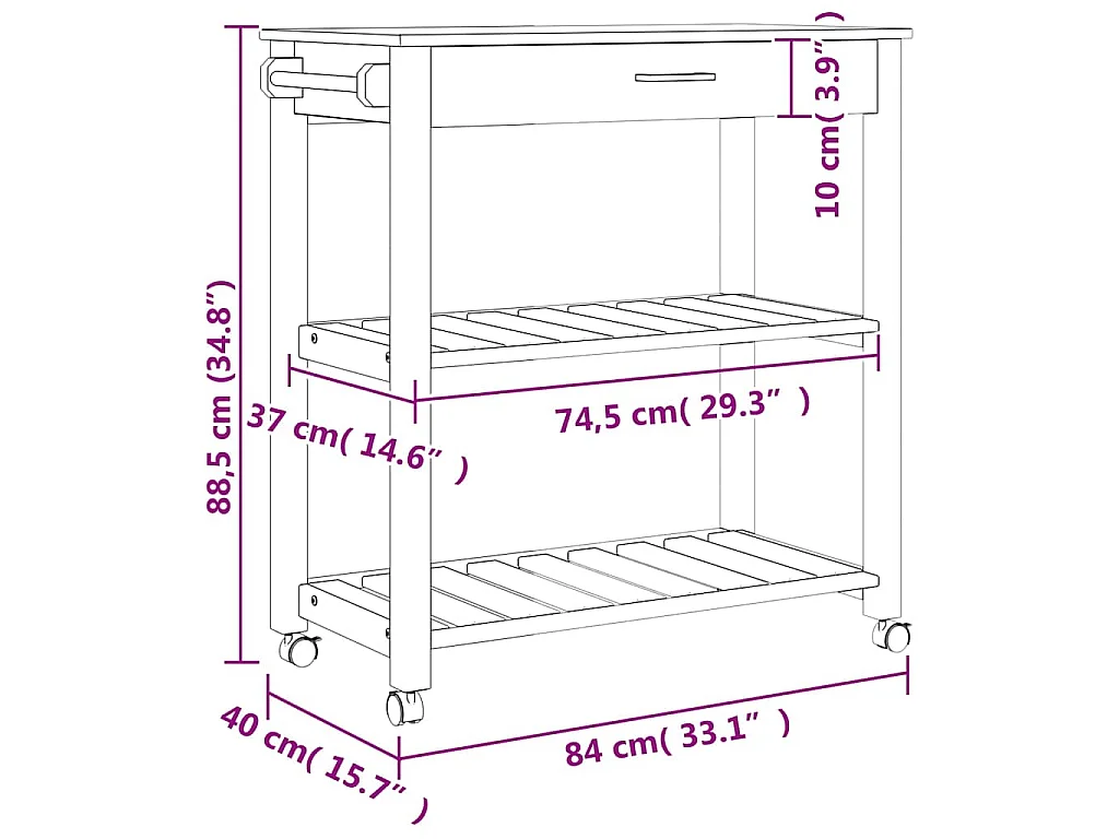 Carrello da Cucina MONZA 84x40x88,5 cm in Legno Massello di Pino