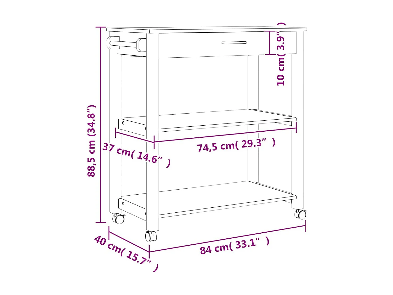Chariot de cuisine MONZA 84x40x88,5 cm bois massif de pin