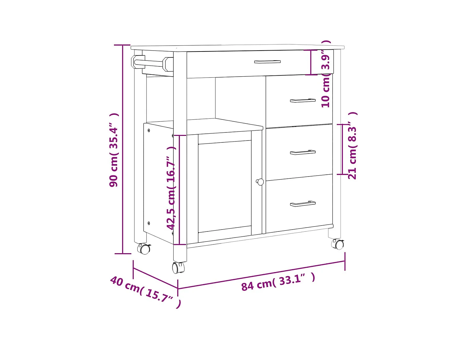 Kuchenny wózek MONZA 84x40x90 cm z litego drewna sosnowego z dużą przestrzenią do przechowywania i zablokowanymi kołami