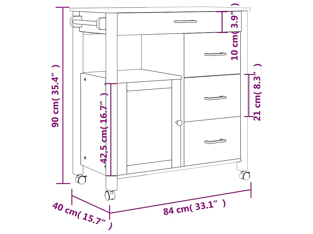 Chariot de cuisine MONZA 84x40x88,5 cm bois massif de pin