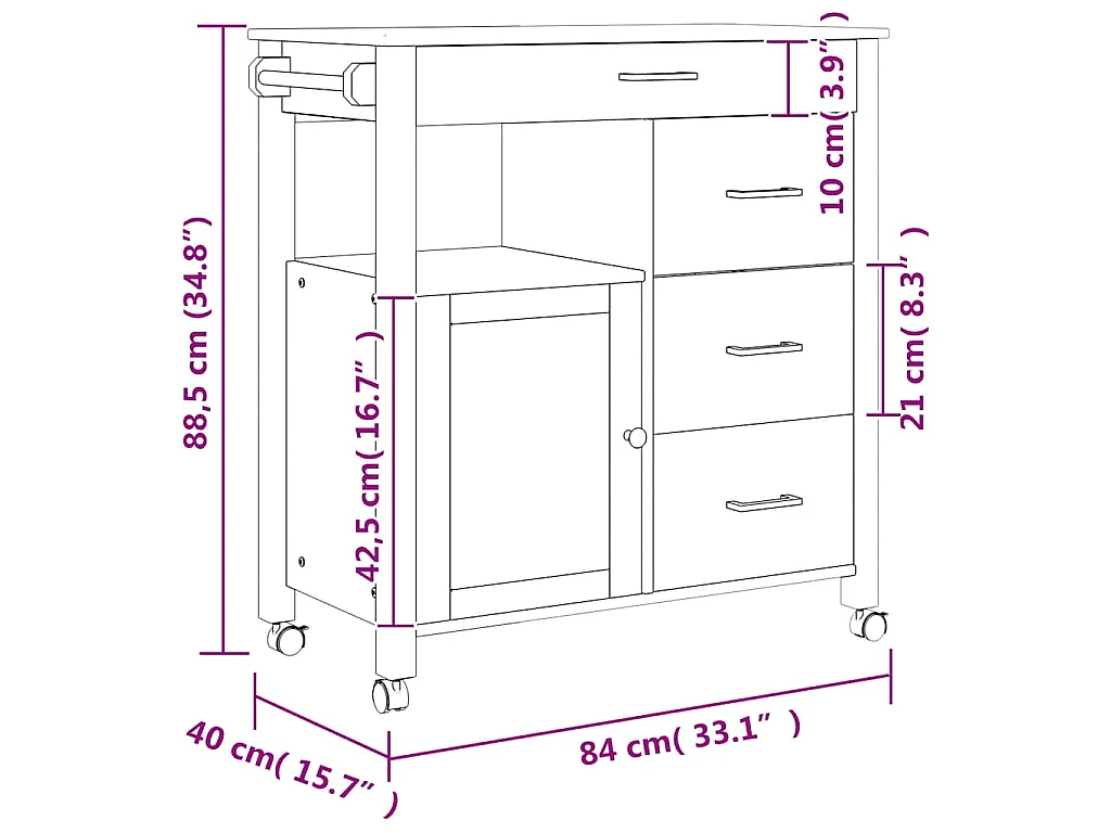 Carrito de cocina MONZA madera maciza de pino 84x40x88,5 cm