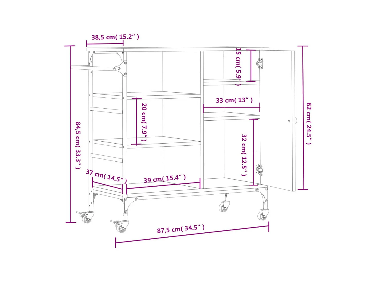 Keukentrolley 87,5x38,5x84,5 cm bewerkt hout grijs sonoma eiken
