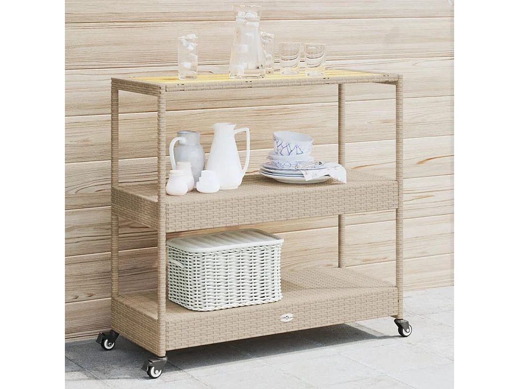 Carrito de bar 3 niveles ratán PE y madera maciza acacia beige