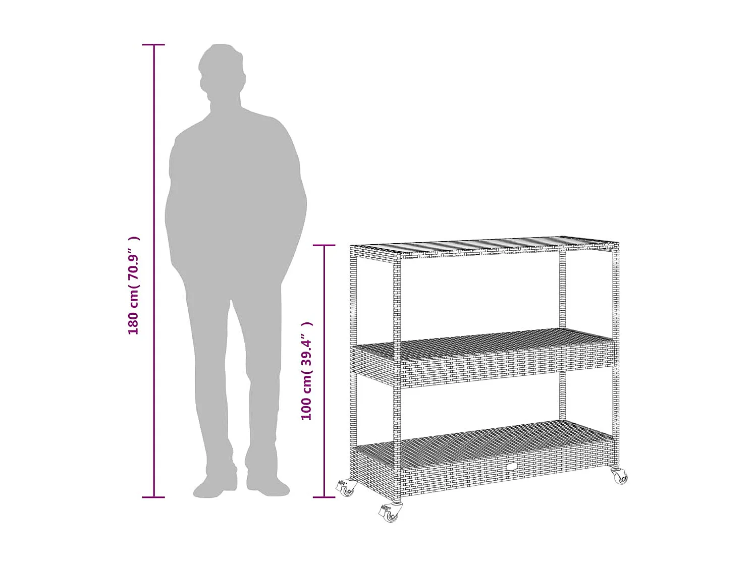 Carrito de bar 3 niveles ratán PE y madera maciza acacia beige