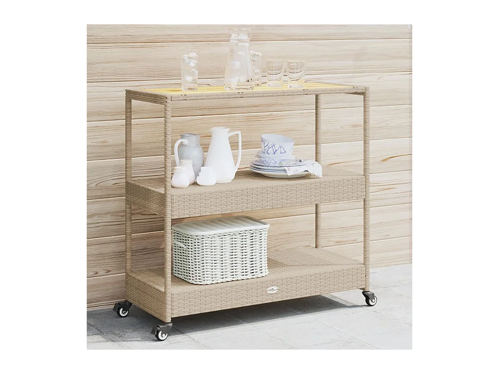Chariot de bar 3 niveaux beige rotin et bois d'acacia massif