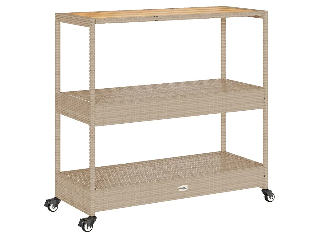 Keukentrolley 3-laags poly rattan en massief acaciahout beige