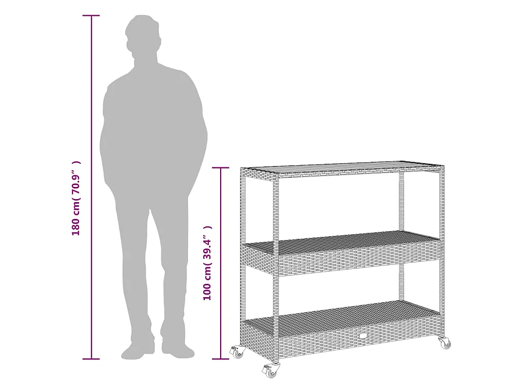 Keukentrolley 3-laags poly rattan en massief acaciahout beige