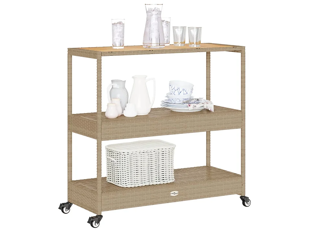 Keukentrolley 3-laags poly rattan en massief acaciahout beige