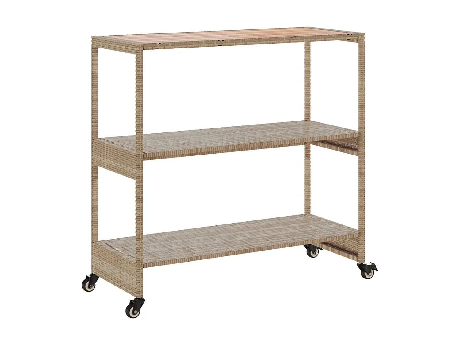 Keukentrolley 3-laags poly rattan en massief acaciahout beige