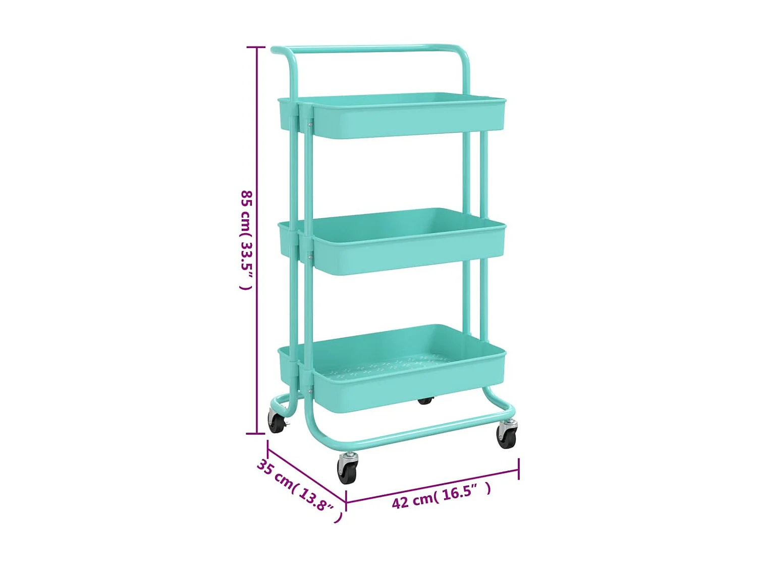 Keukentrolley 3-laags 42x35x85 cm ijzer en ABS turquoise