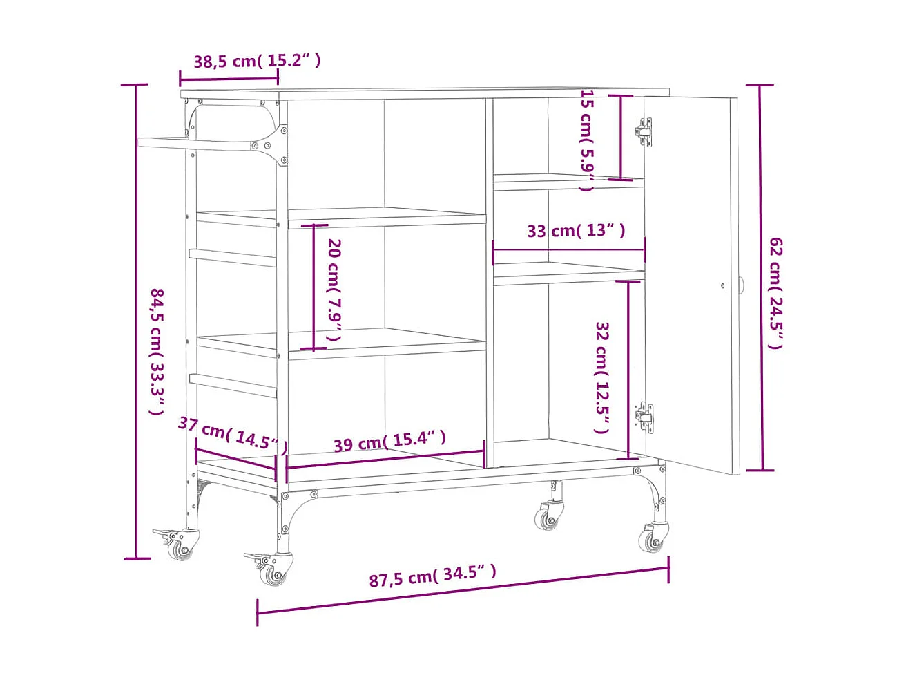 Keukentrolley 87,5x38,5x84,5 cm bewerkt hout sonoma eikenkleur