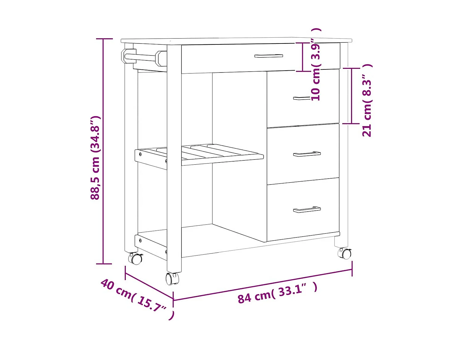 Carrito de cocina MONZA madera maciza de pino 84x40x88,5 cm