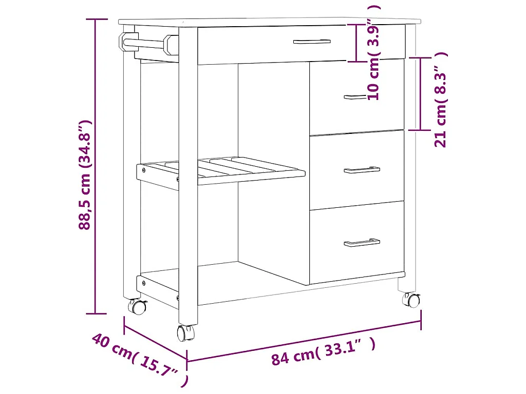 Chariot de cuisine MONZA 84x40x88,5 cm blanc bois massif de pin