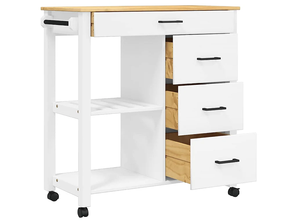 Chariot de cuisine MONZA 84x40x88,5 cm blanc bois massif de pin