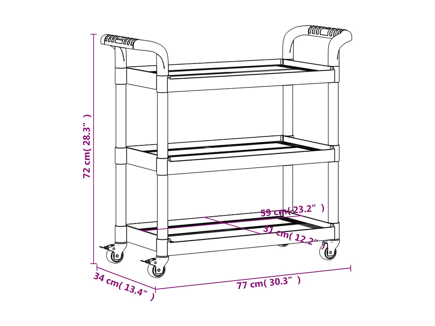 Rollwagen mit 3 Etagen Schwarz 77x34x72 cm Aluminium