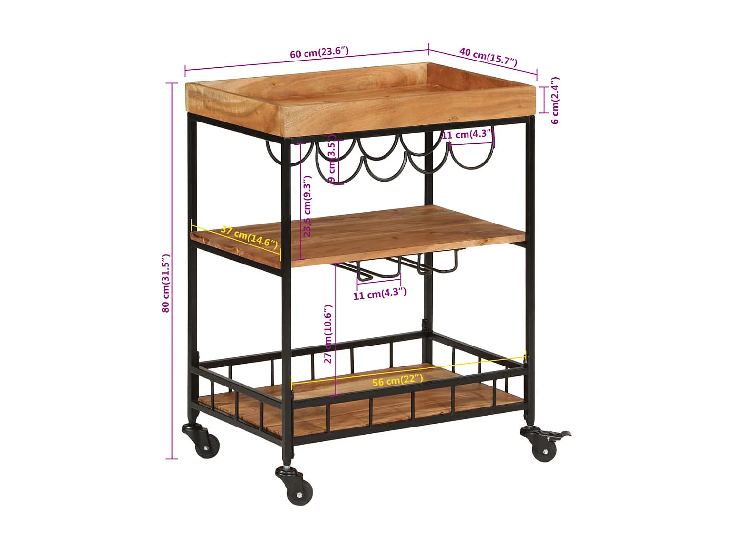 Chariot de bar 60x40x80 cm bois massif d'acacia et fer