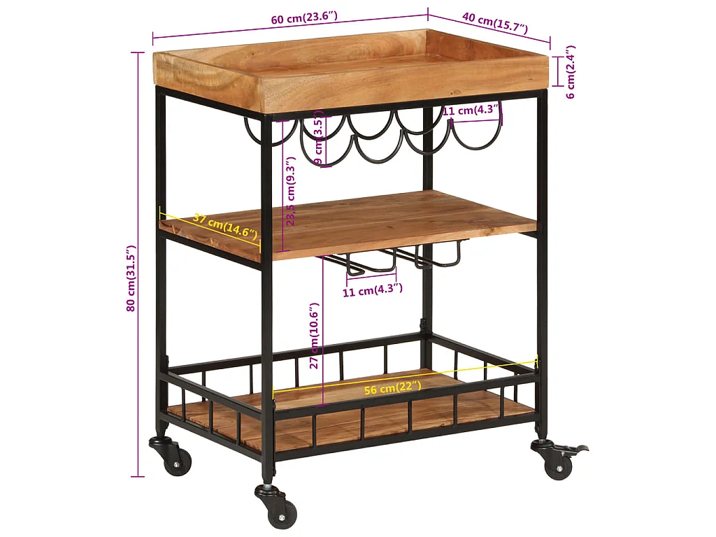 Chariot de bar 60x40x80 cm bois massif d'acacia et fer