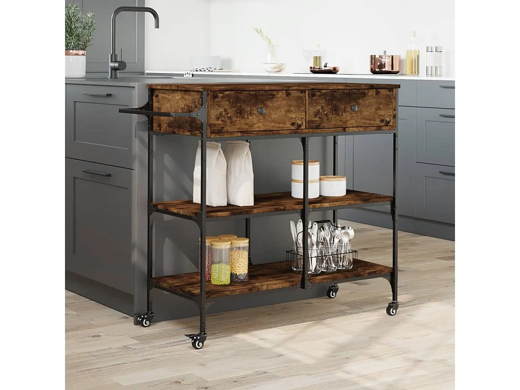 Chariot de cuisine chêne fumé 105x42x95 cm bois d'ingénierie