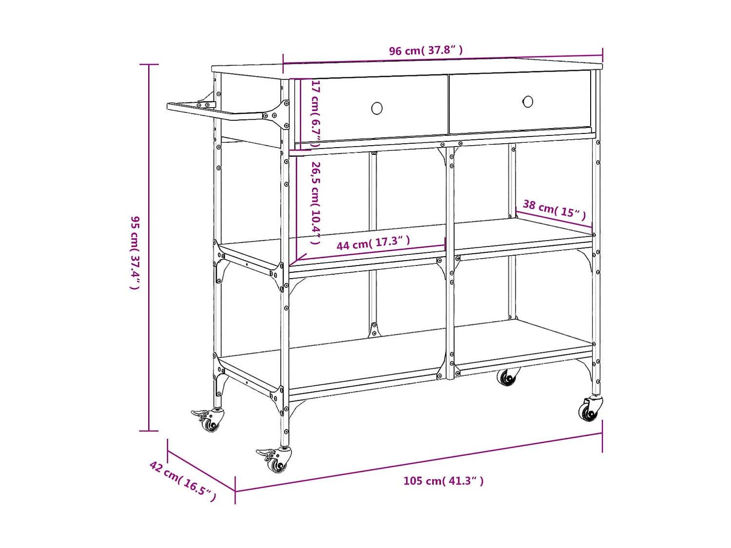 Chariot de cuisine chêne sonoma 105x42x95 cm bois d'ingénierie