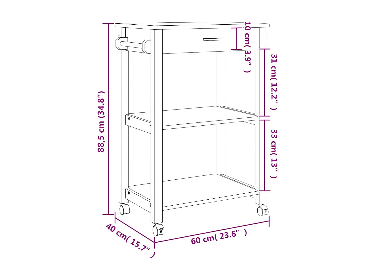 Carrello da Cucina MONZA 60x40x88,5 cm in Legno Massello di Pino