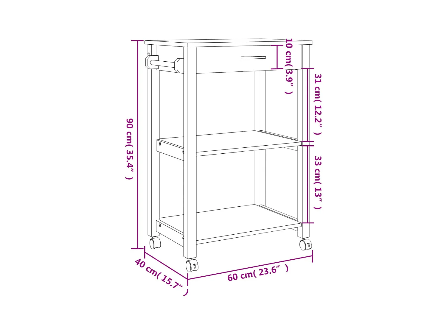Chariot de cuisine MONZA 60x40x88,5 cm bois massif de pin