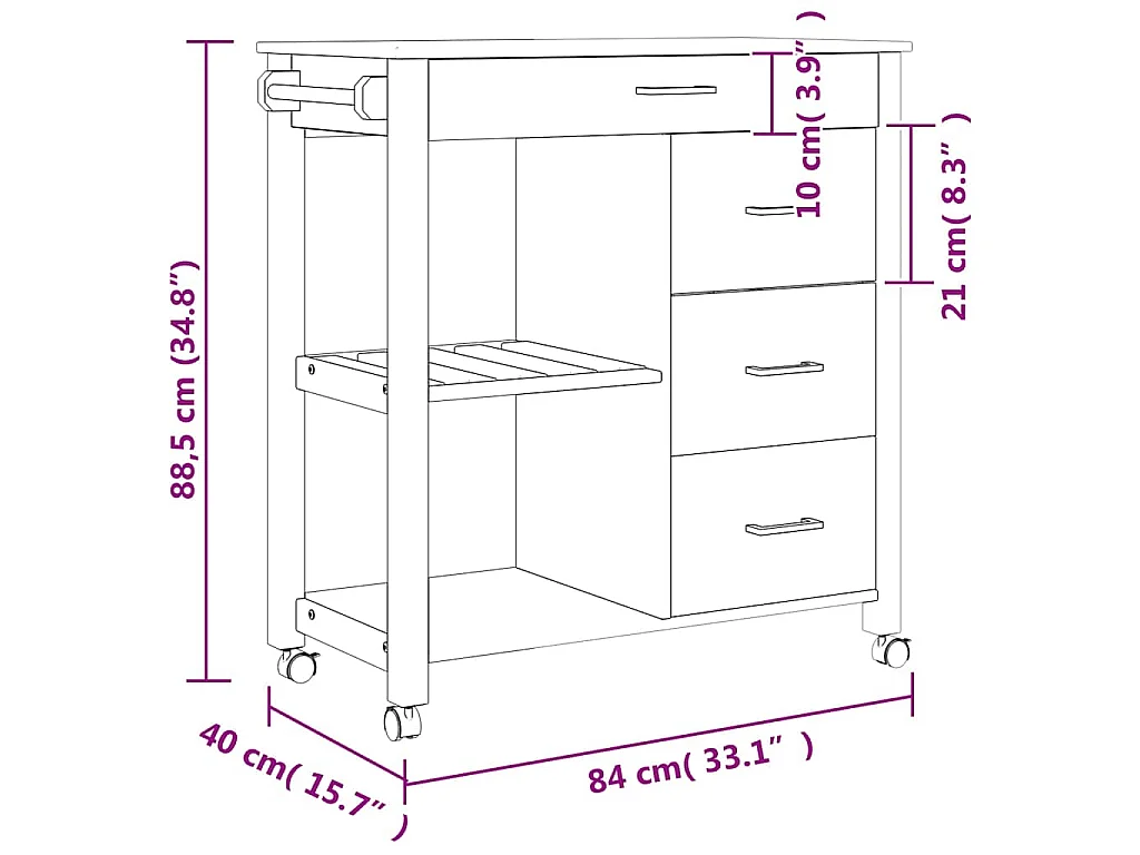 Chariot de cuisine MONZA 84x40x88,5 cm gris bois massif de pin