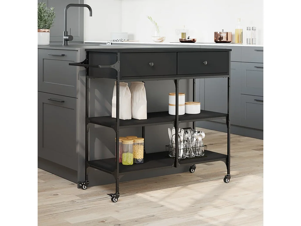 Carrito de cocina de madera de ingeniería negro 105x42x95 cm