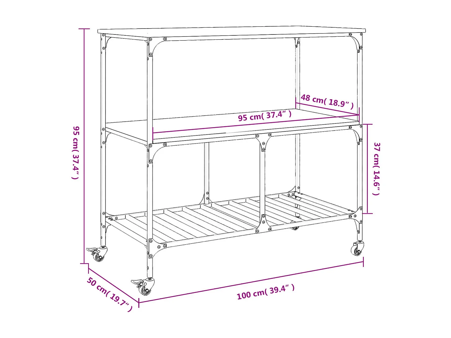 Carrito de cocina madera ingeniería roble ahumado 100x50x95 cm