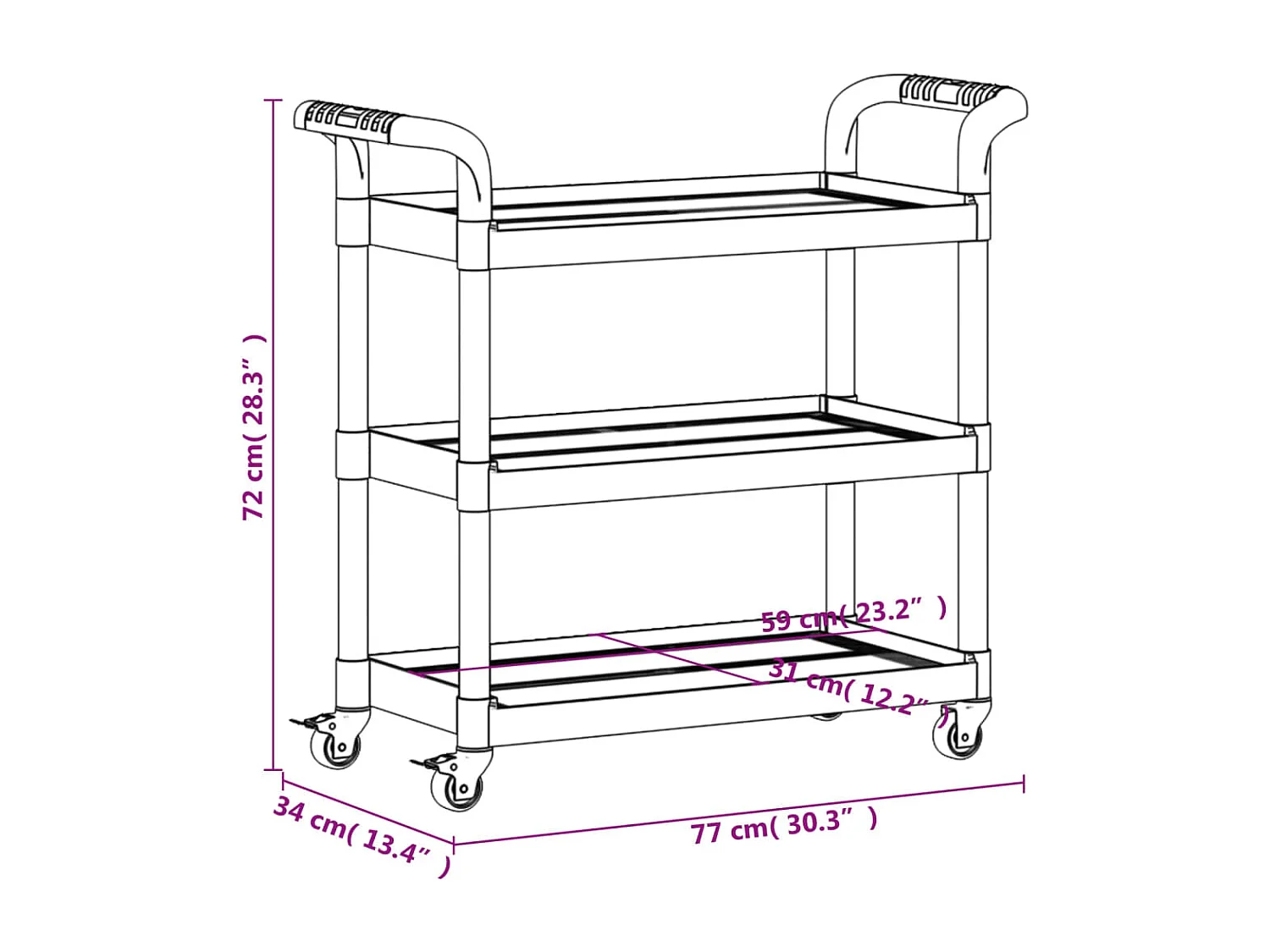 Trolley 3-laags 77x34x72 cm aluminium grijs
