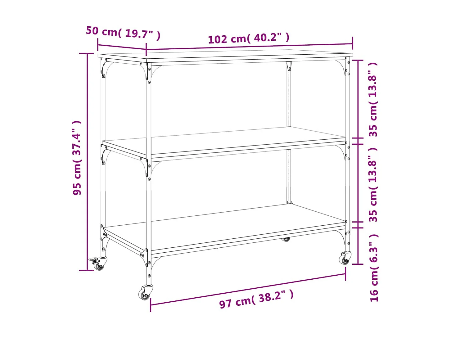 Keukentrolley 102x50x95 cm bewerkt hout bruin eikenkleurig