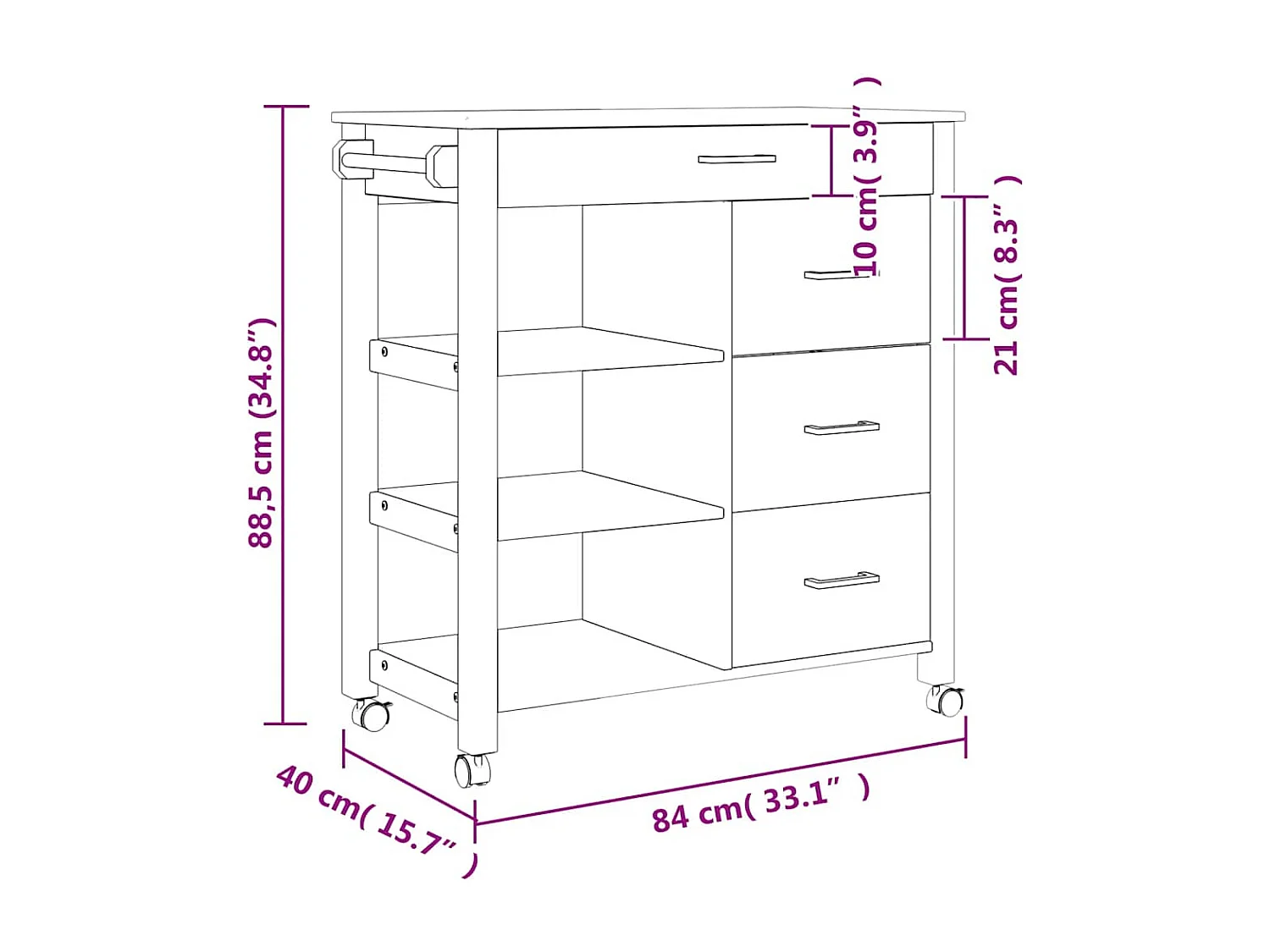 Chariot de cuisine MONZA 84x40x88,5 cm bois massif de pin