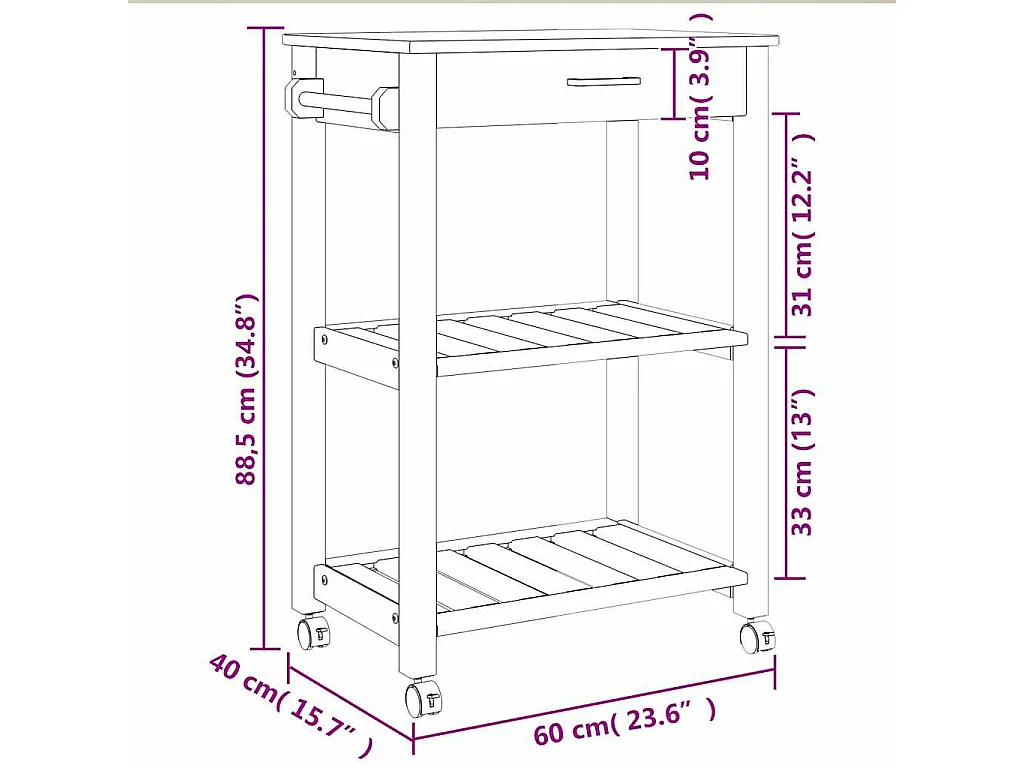 Chariot de cuisine MONZA 60x40x88,5 cm bois massif de pin