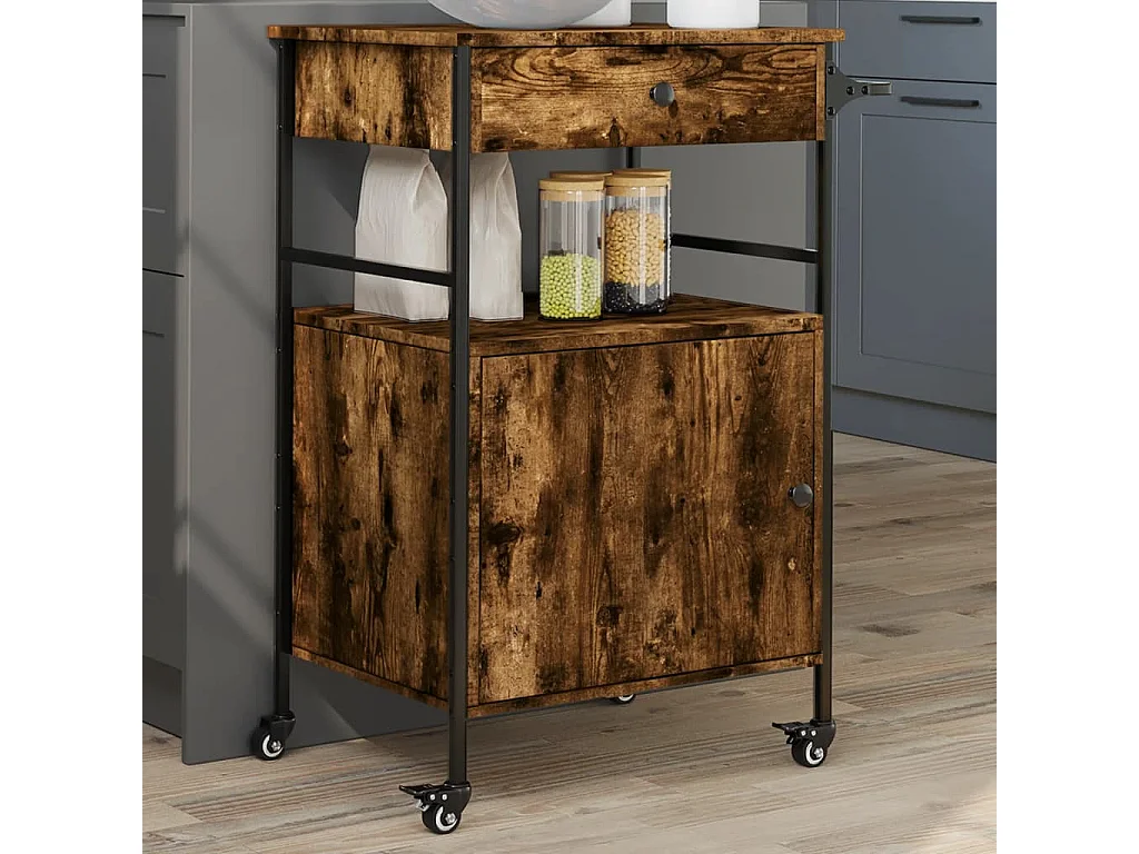 Chariot de cuisine chêne fumé 56x43x89,5 cm bois d'ingénierie