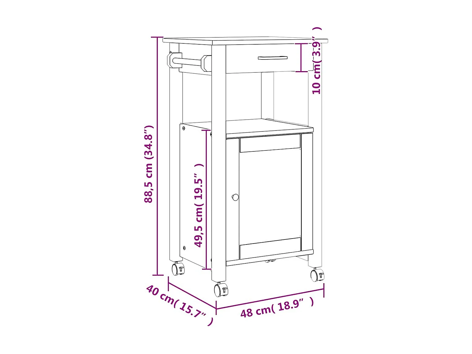 Chariot de cuisine MONZA 48x40x88,5 cm bois massif de pin