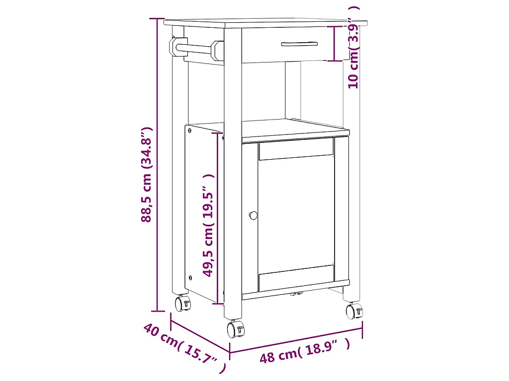 Küchenwagen MONZA 48x40x88,5 cm Massivholz Kiefer