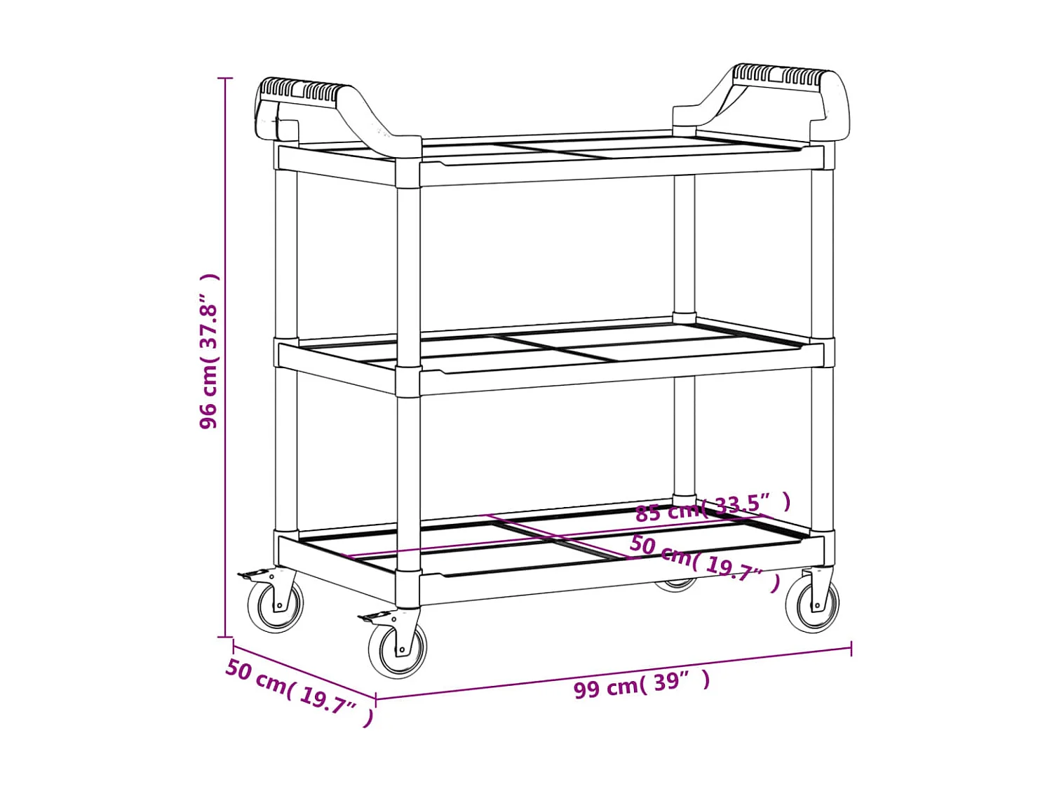 Carrito de 3 niveles aluminio gris 99x50x96 cm