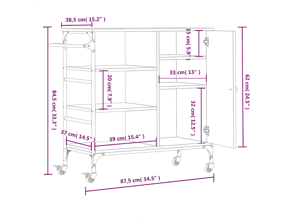 Chariot de cuisine chêne fumé 87,5x38,5x84,5 cm bois ingénierie